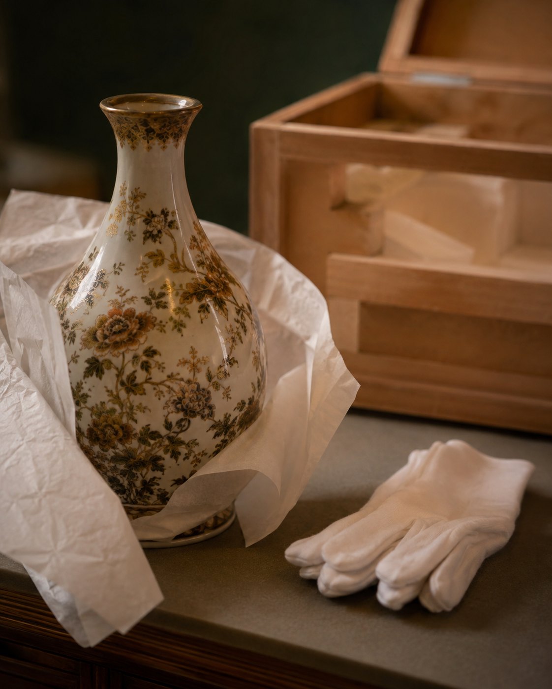 An antique porcelain vase half-wrapped in acid-free tissue beside an open wooden crate and a folded pair of white cotton gloves