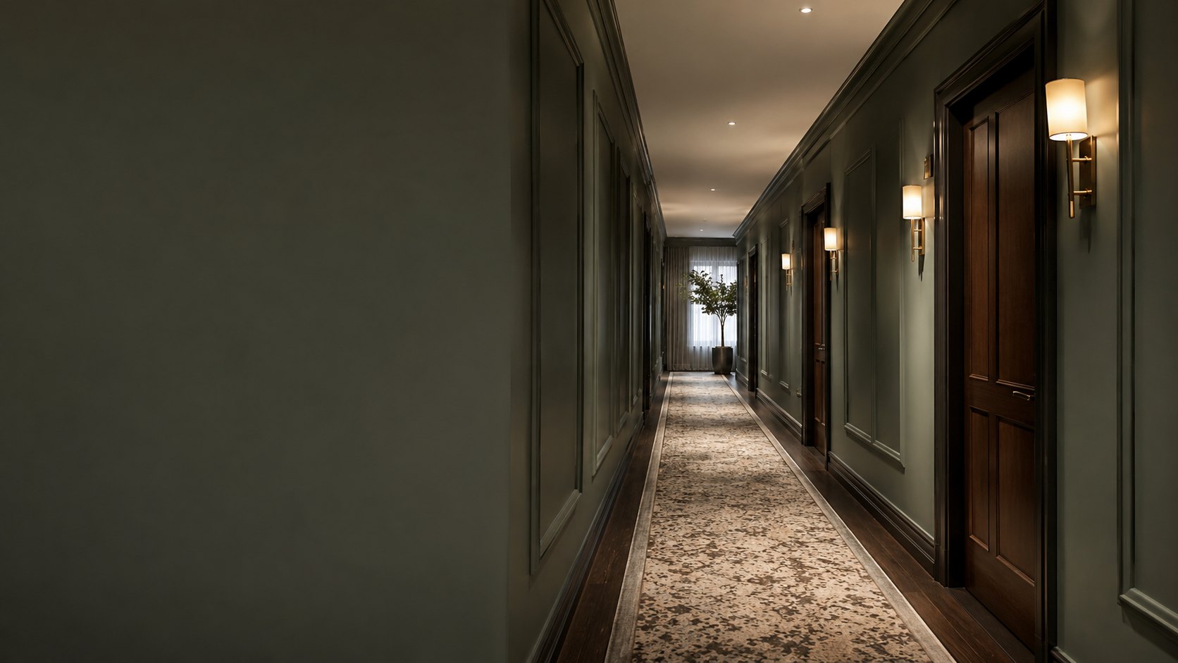 A quiet luxury condominium corridor receding in soft warm light