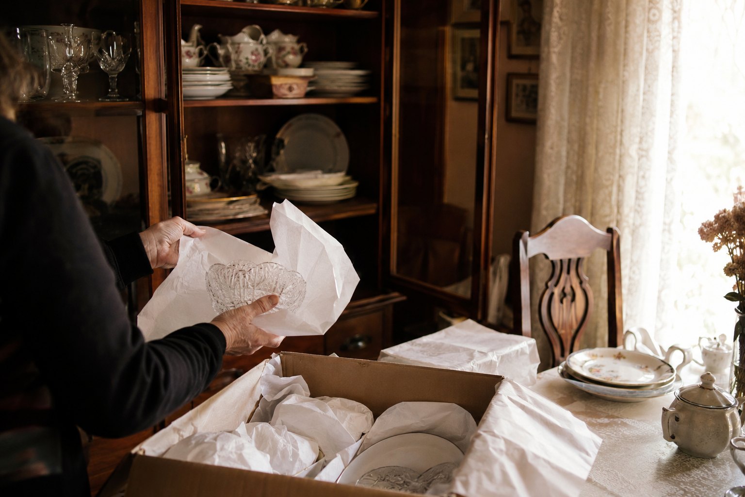A china cabinet being carefully emptied and its pieces wrapped on a dining table in a warm family home