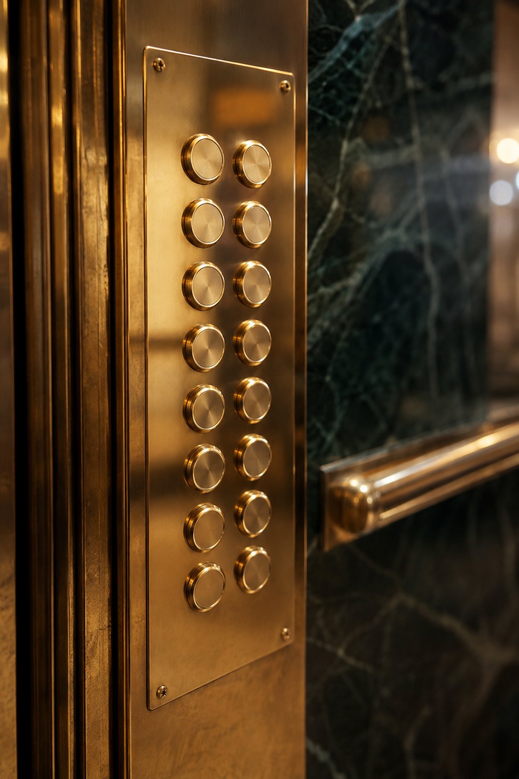 Close detail of a polished brass service-elevator panel in warm light