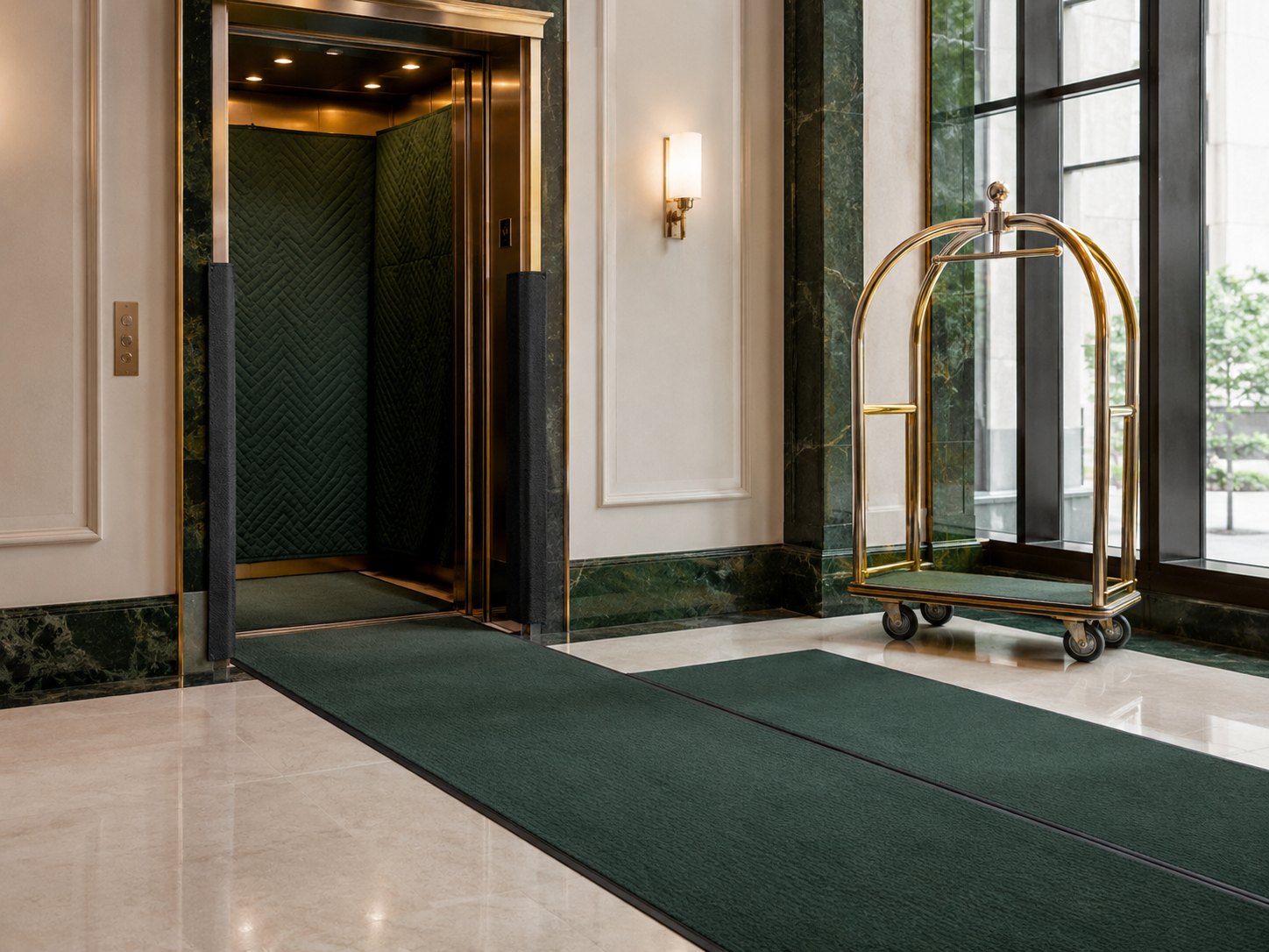 Protective floor runners and quilted elevator pads installed in a luxury condominium lobby before a move