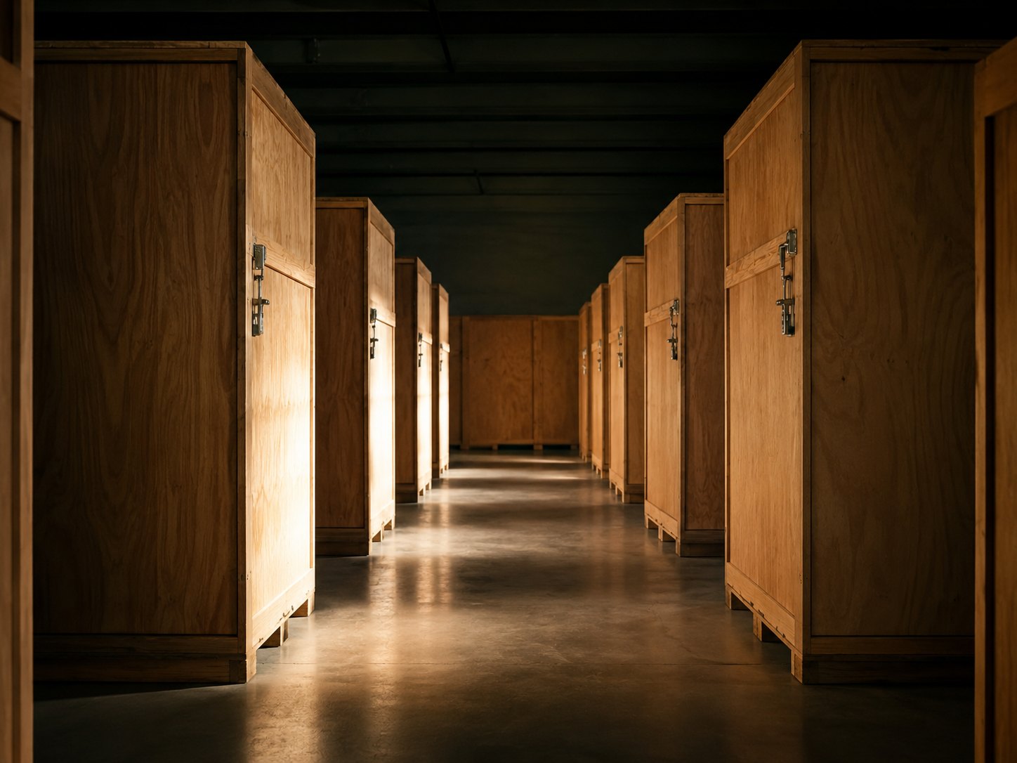Sealed wooden storage vaults in a clean, warmly lit private warehouse interior