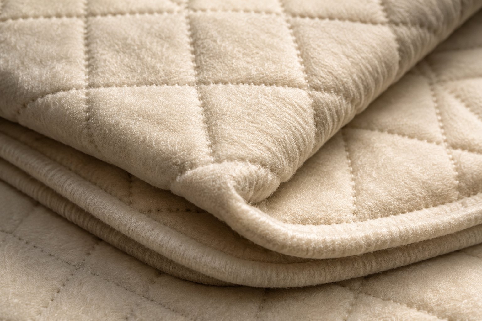 Macro detail of the folded edge and stitching of an ivory quilted moving pad