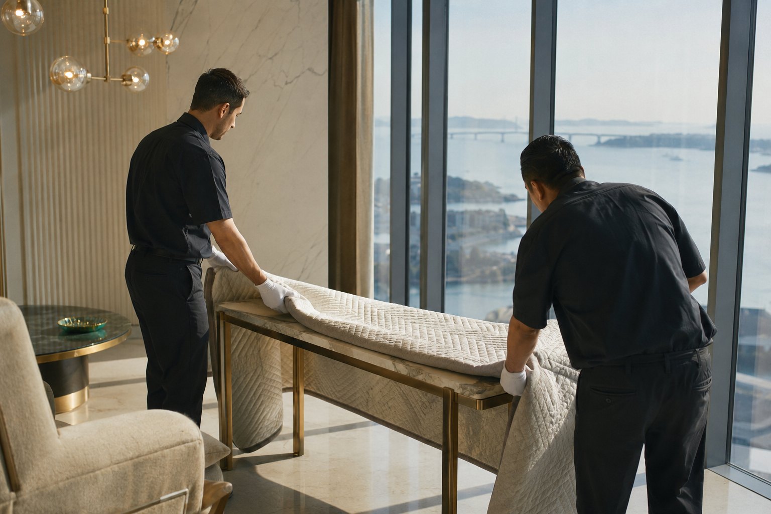 Gloved movers wrapping a marble-top console table in a bright luxury condominium living room